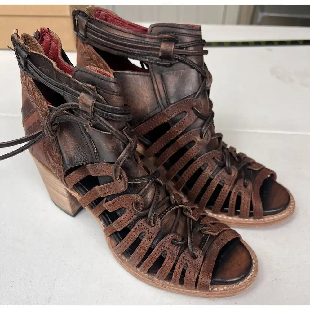 Freebird By Steven Wazee Leather Sandal Heel Booties Womens Size 7 Distressed - Picture 2 of 15